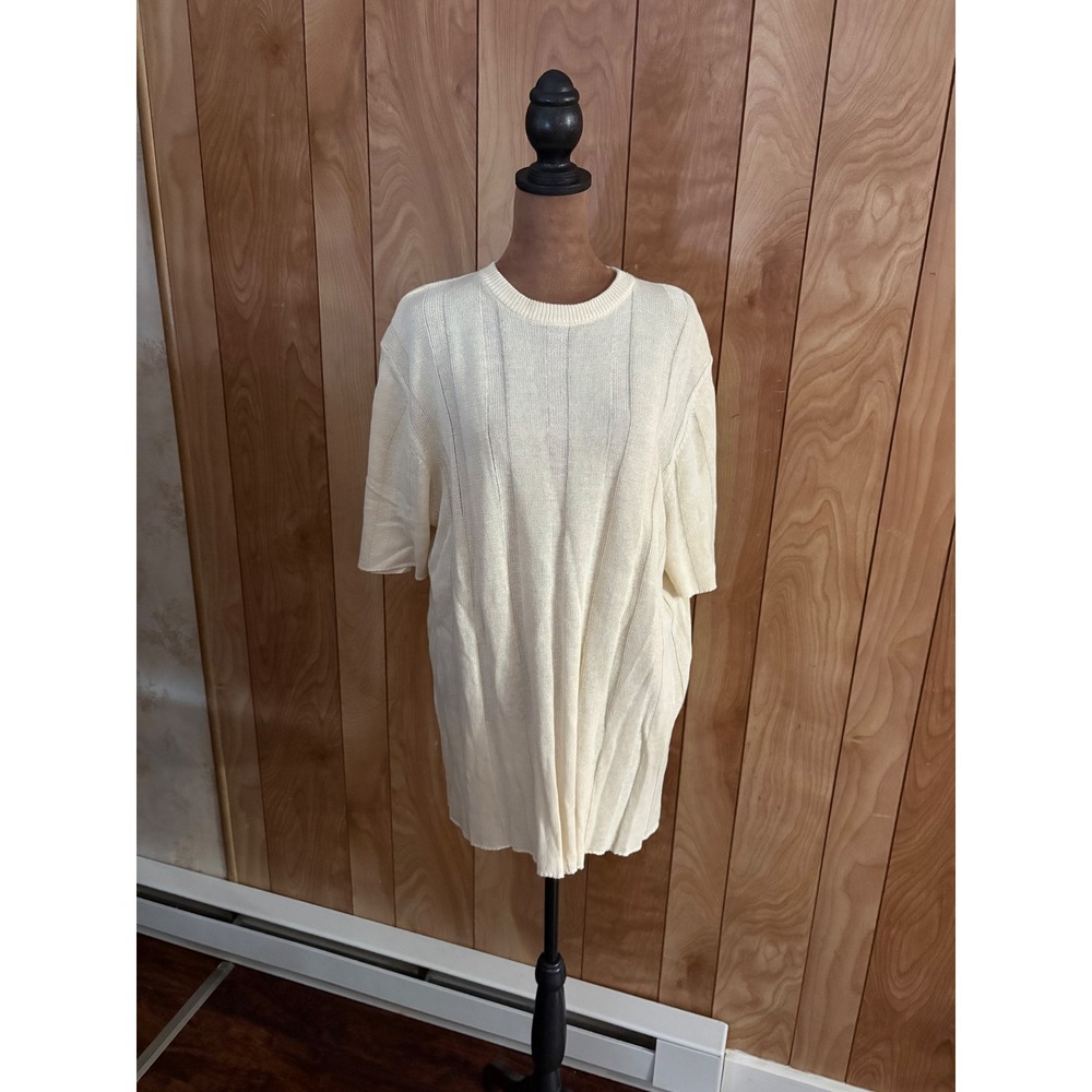 DISSH Linen Cotton Knit Top Cream Short Sleeve Ribbed Sweater Size S